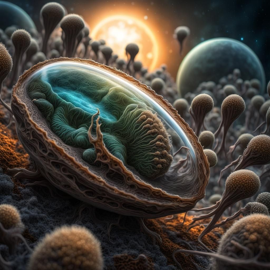 Alien Spores Adrift: Hyperrealistic Fantasy Scene