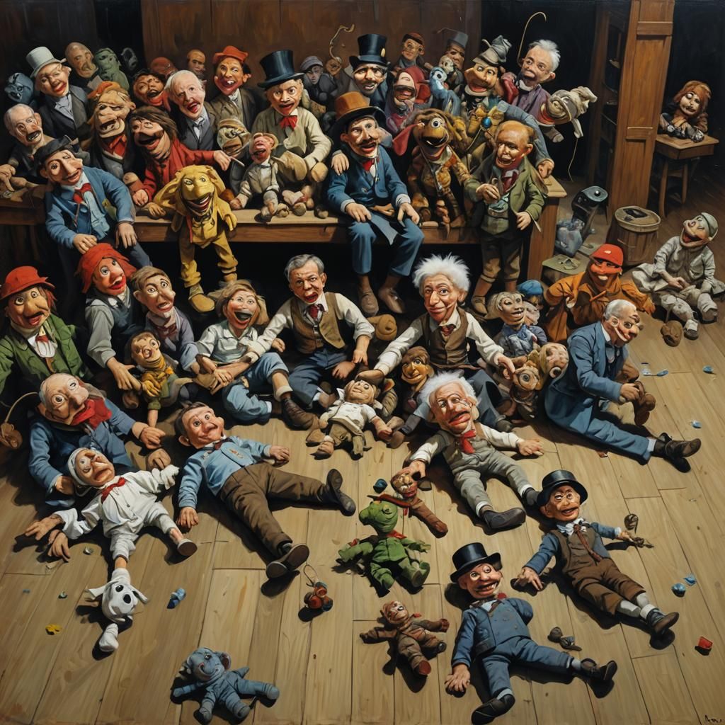 Puppets on the Floor in Oil Painting Style
