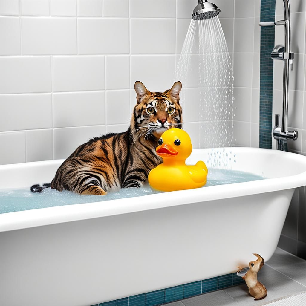Tiger Cat Showering with Rubber Duck
