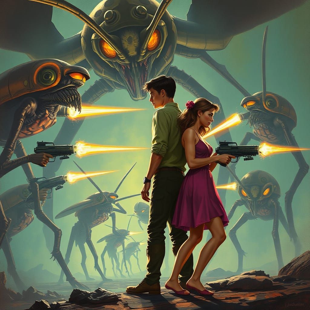 Defending Against Alien Insectoids in Sci-Fi Illustration