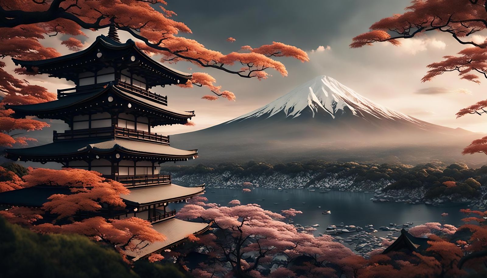 Realistic 3D Japanese Landscape with Mount Fuji
