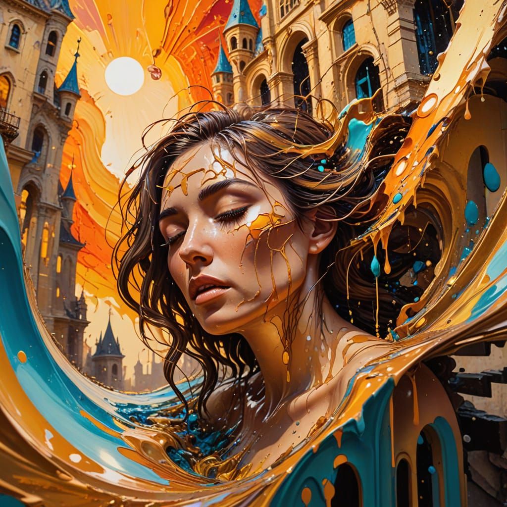 Surreal Woman in Collapsing Architecture: Acrylic Painting