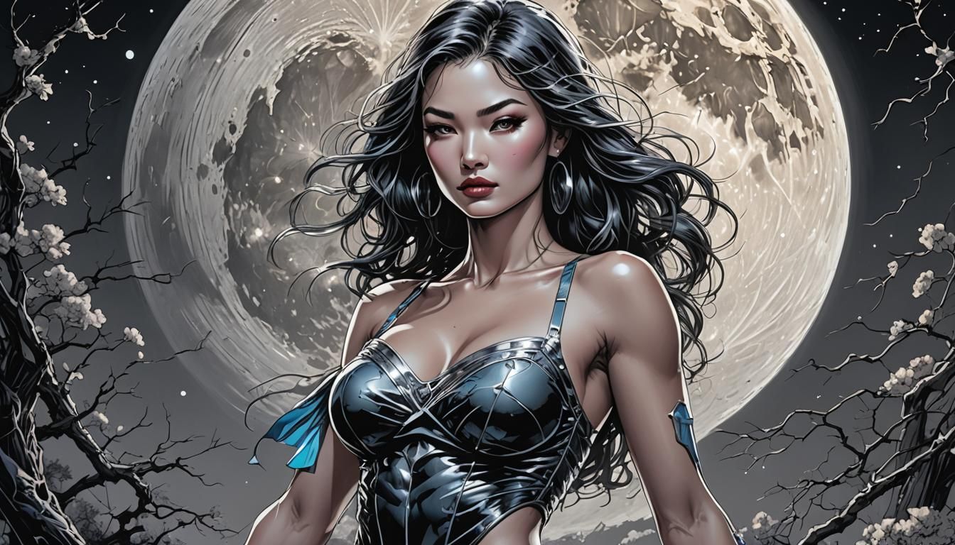 Neon Moonlit Walk: Jim Lee Art Style Female Portrait