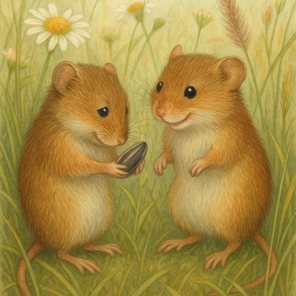 Bashful Mice Sharing a Sunflower Seed