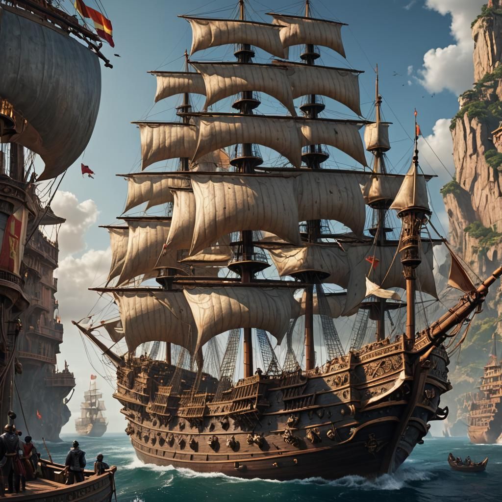 Gigantic Spanish Galleon Matte Painting in 8K