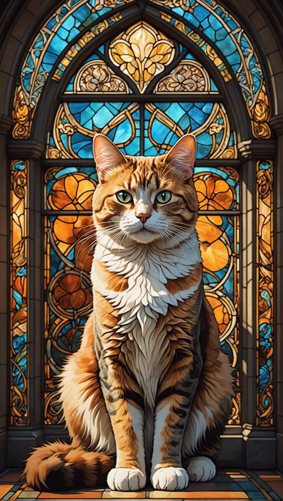 Cat in Front of Stained Glass Window