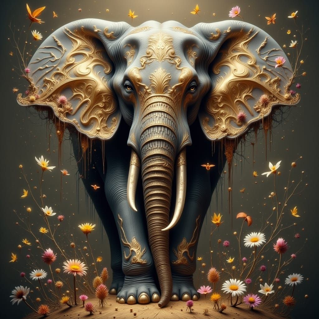 Hyperrealistic Elephant with Tuba in Whimsical Fantasy Lands...