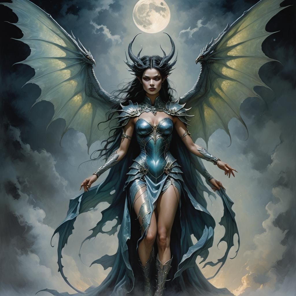 Dragon Woman with Iridescent Wings in Dark Fantasy Style