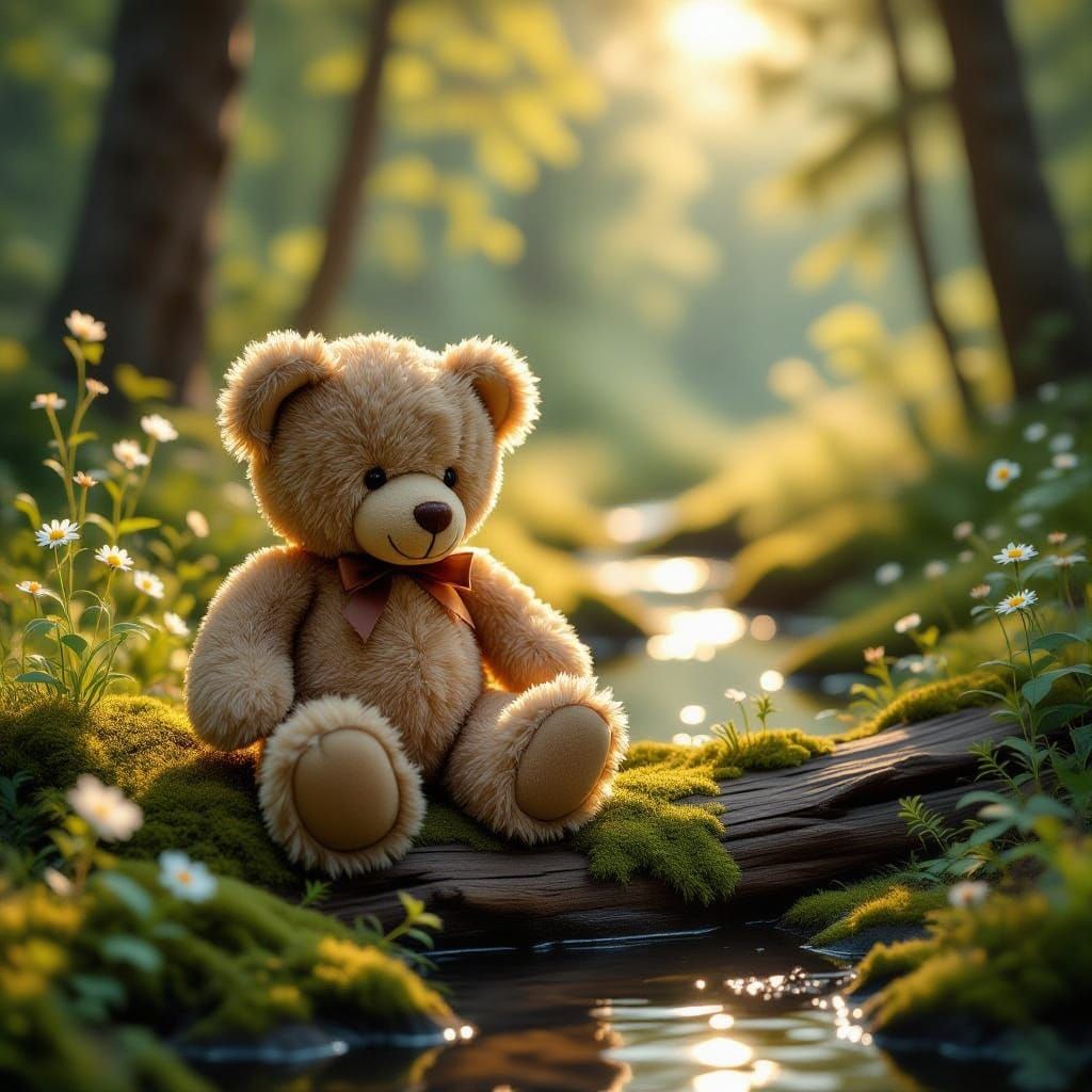 Nostalgic Teddy Bear in Sunlit Forest