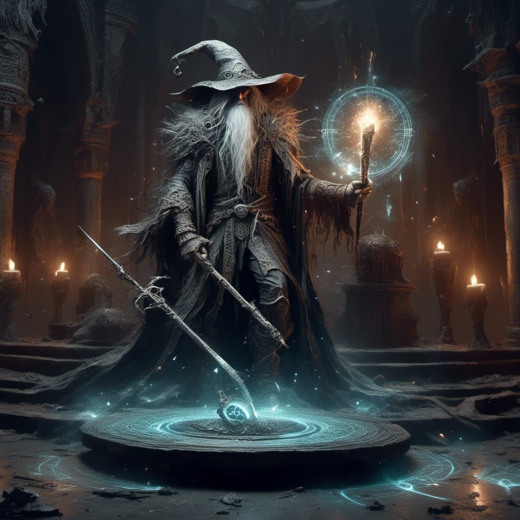 Ancient Elf Wizard in Shadowy Temple Illustration