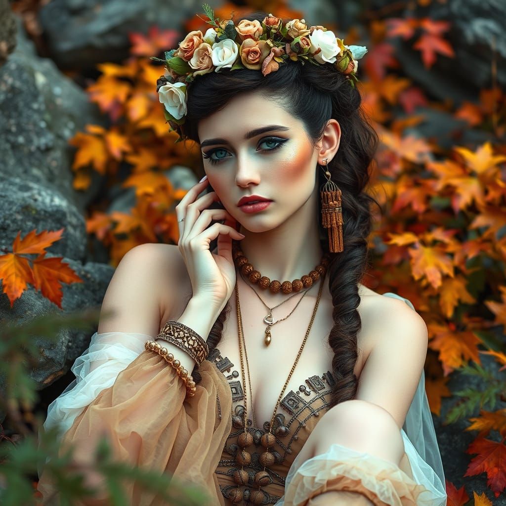 Aztec Cyberpunk Goddess in Autumnal Rock Garden