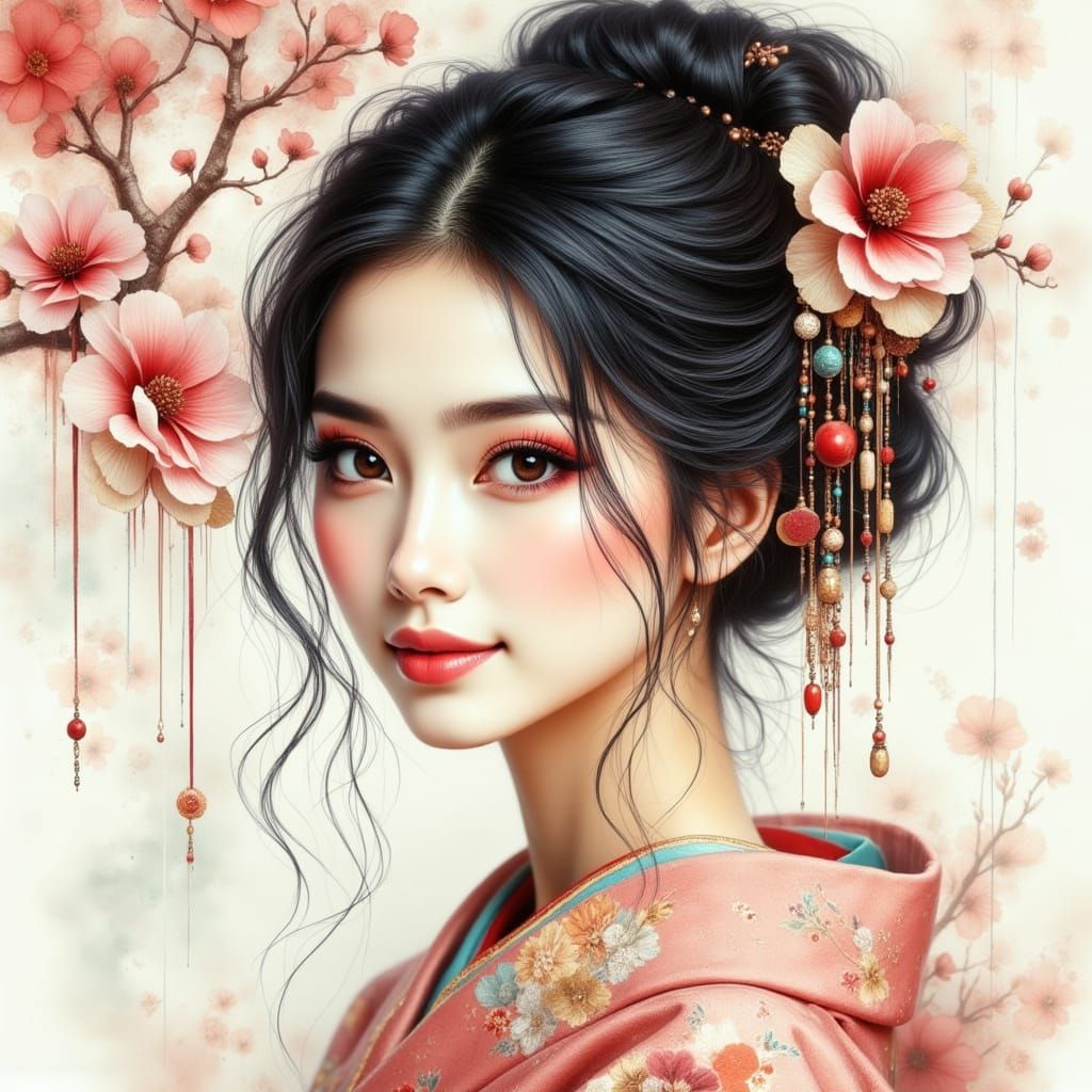 Elegant Japanese Woman Portrait in Traditional Kimono