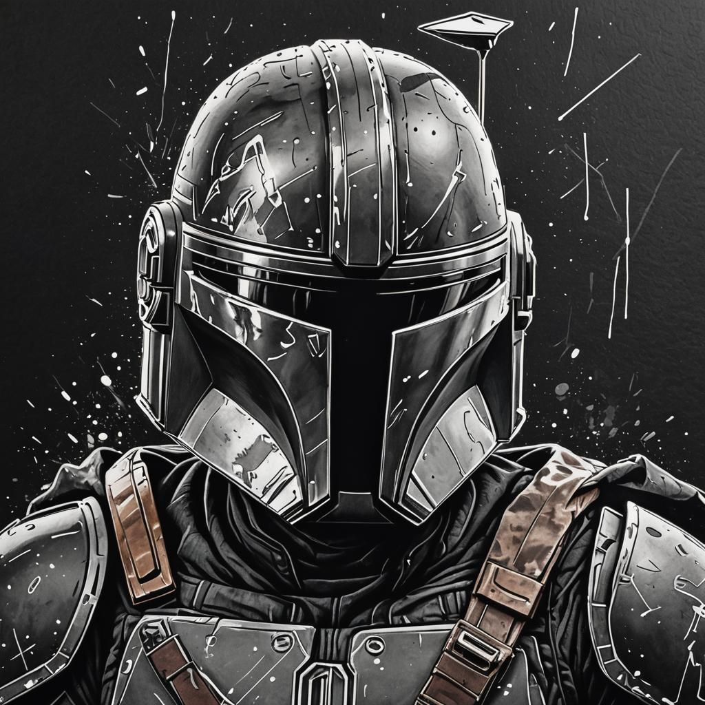 Minimalist Mandalorian Ink Sketch on Black Paper