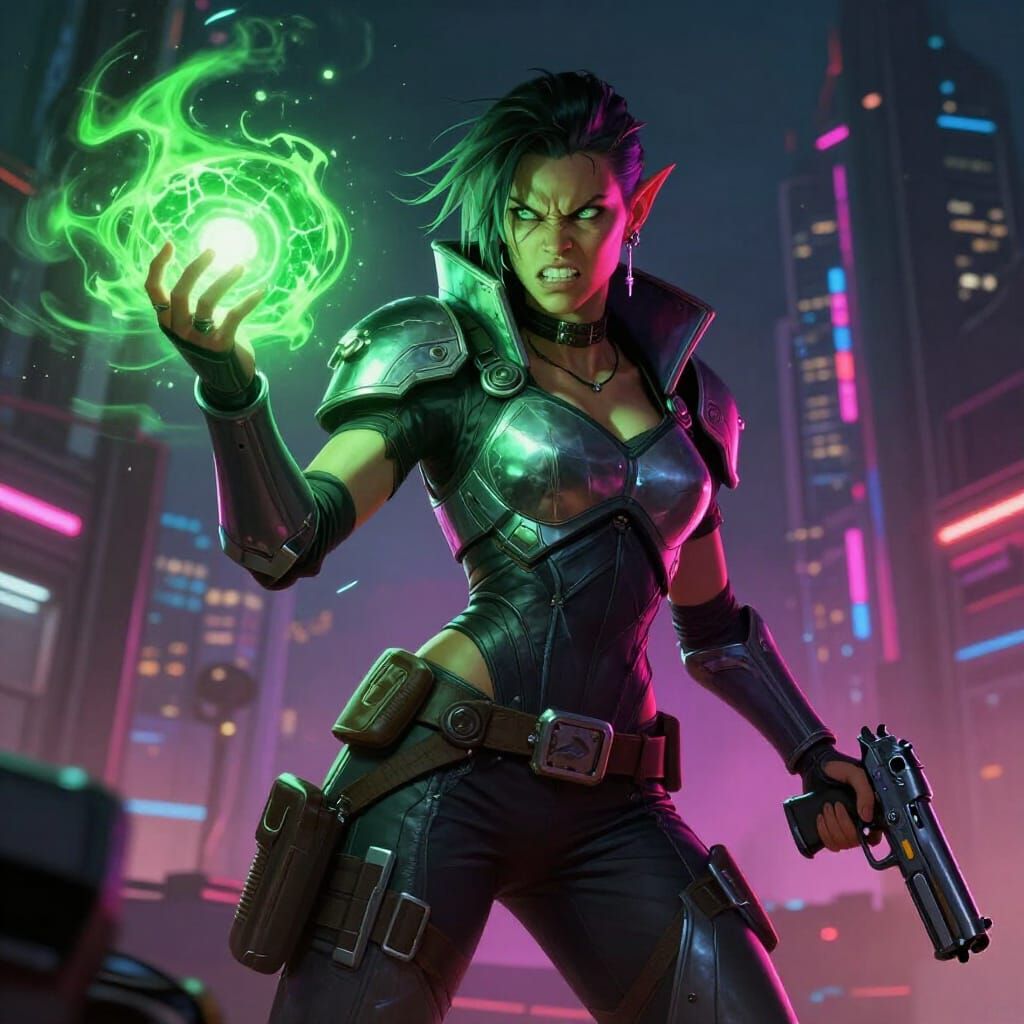 Cyberpunk Orc Mage in Neon City