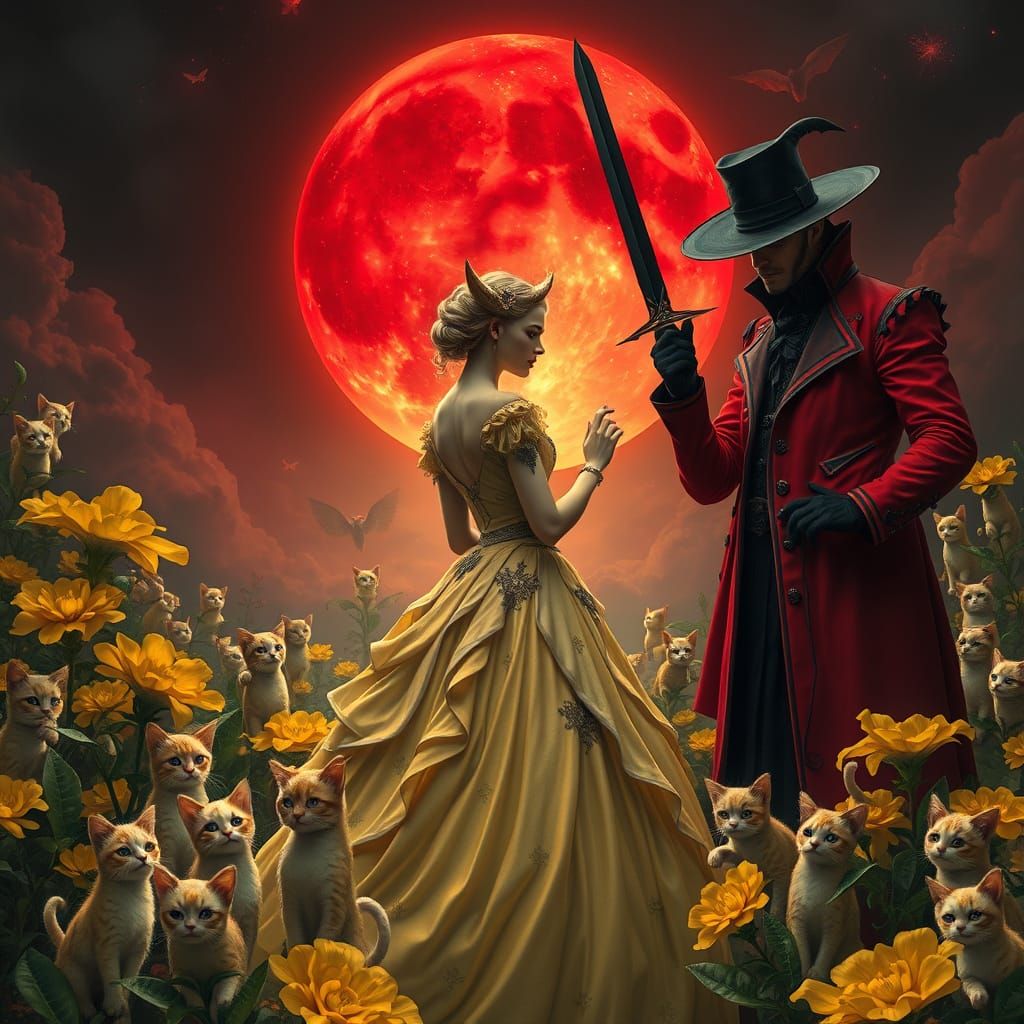 Whimsical Princess Amidst Feline Garden of Wonder