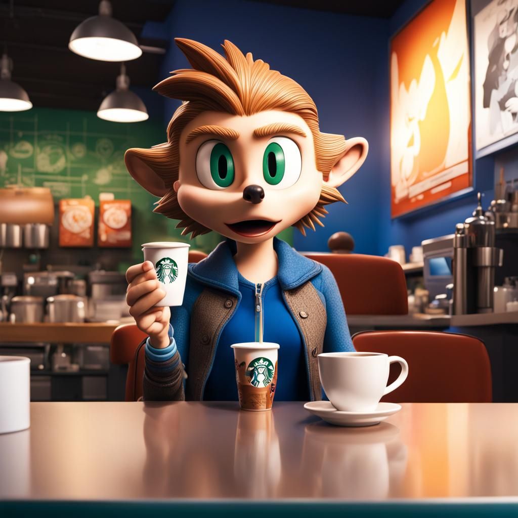 Hyperrealistic Woman Surrounded by Sonic at Starbucks
