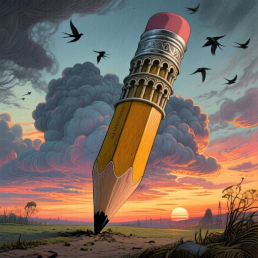 Colossal Pencil Leaning Tower at Sunset