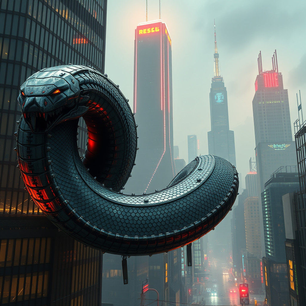 Colossal Robot Snake Coiling Around Skyscraper