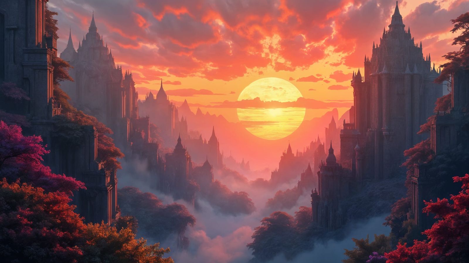 Fantastical Sunset: Detailed Matte Painting in Deep Color