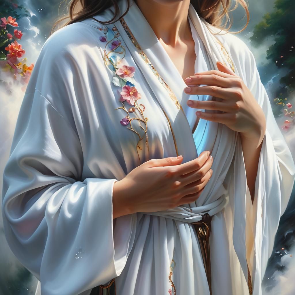 Mystical Woman in White Robe: Oil Painting