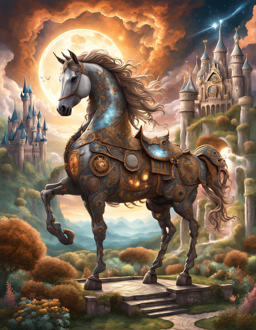 Ethereal Construct Horse in Steampunk Fantasy Landscape