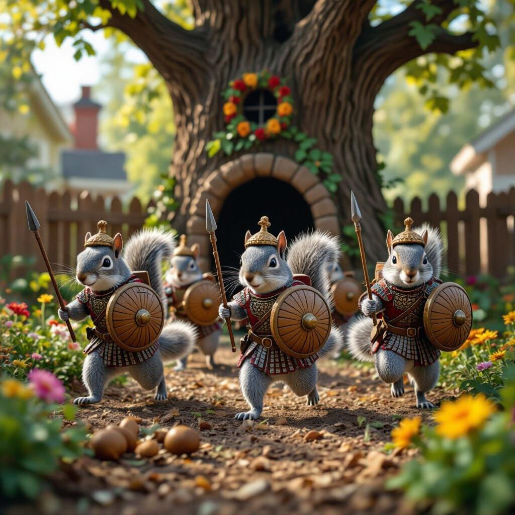 Squirrel Roman Army Charges into Backyard Battle
