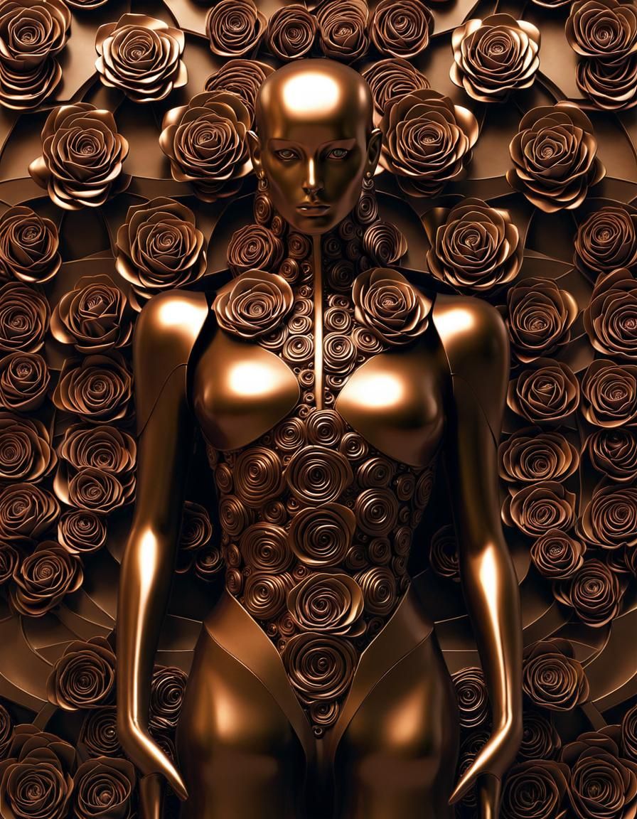 Bronze Rose Android in Fractal Brutalism Style