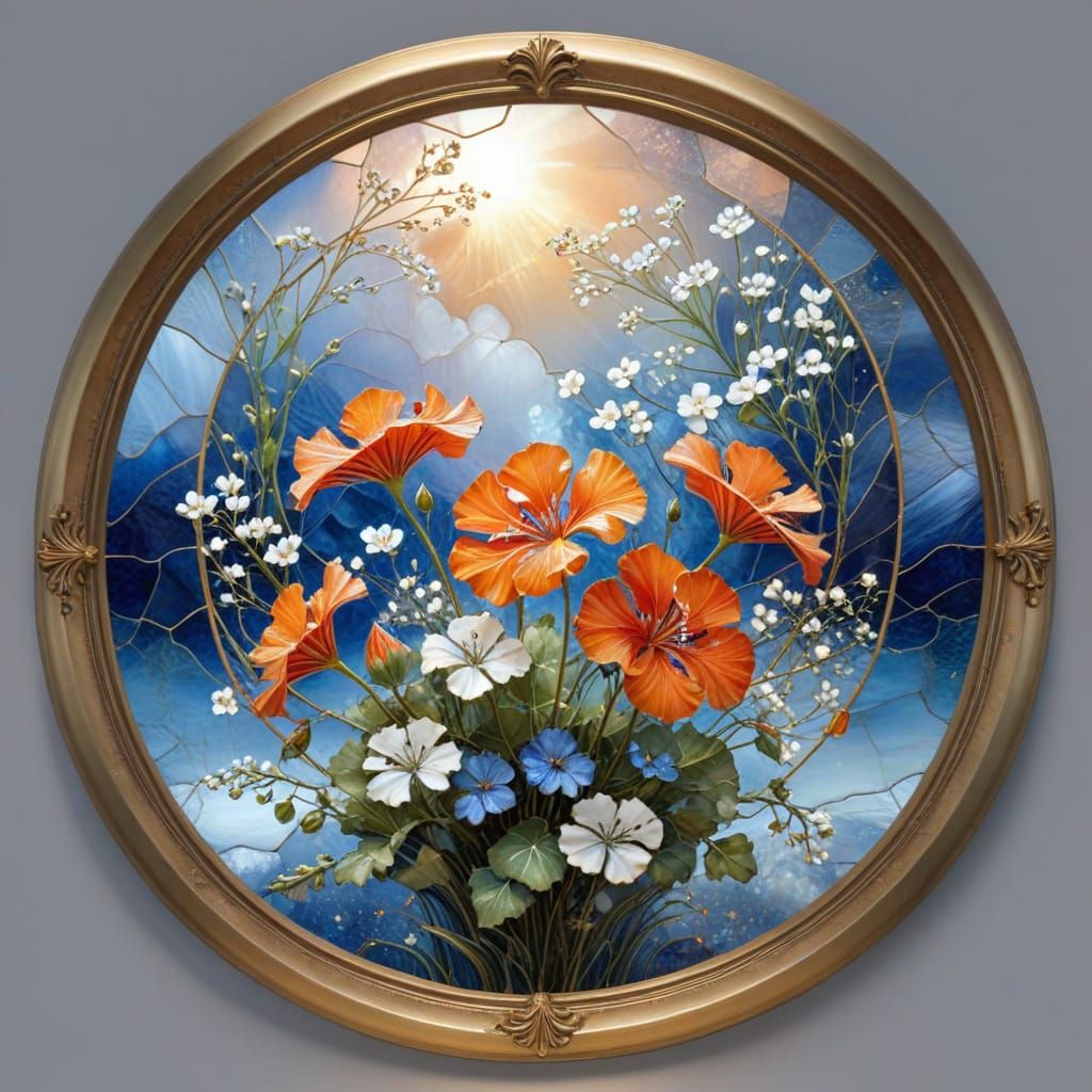 round sunny Stained-glass art, orange-Geranium flowers and Babys breath flowers, thin gold round frame. gold Lead lines ...