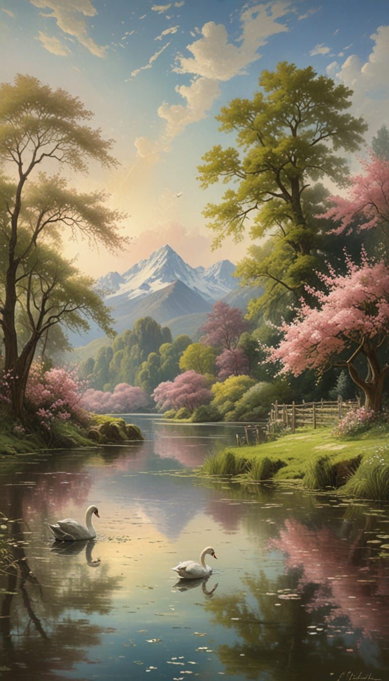 Serene Lake Scene with Majestic Mountains and Cherry Blossom...