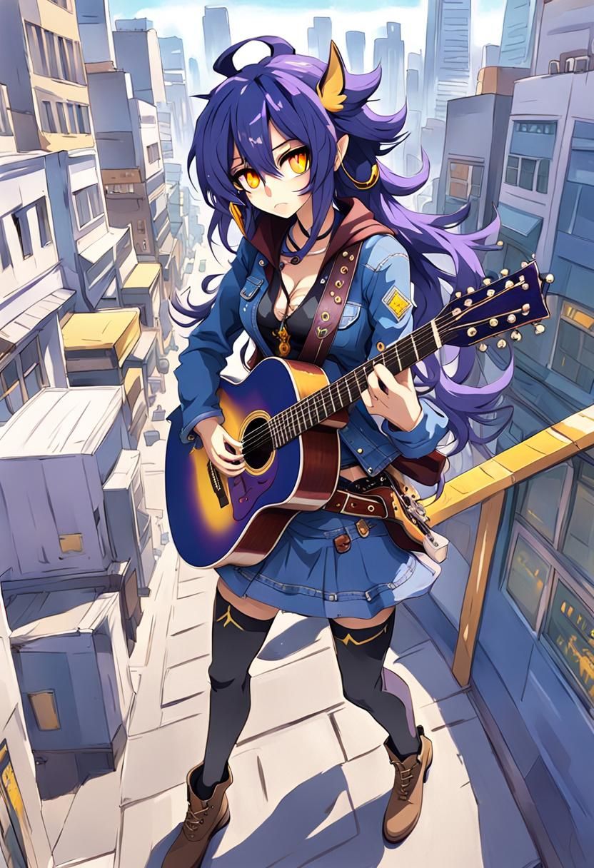 Anime Cowgirl Plays Guitar in Cityscape