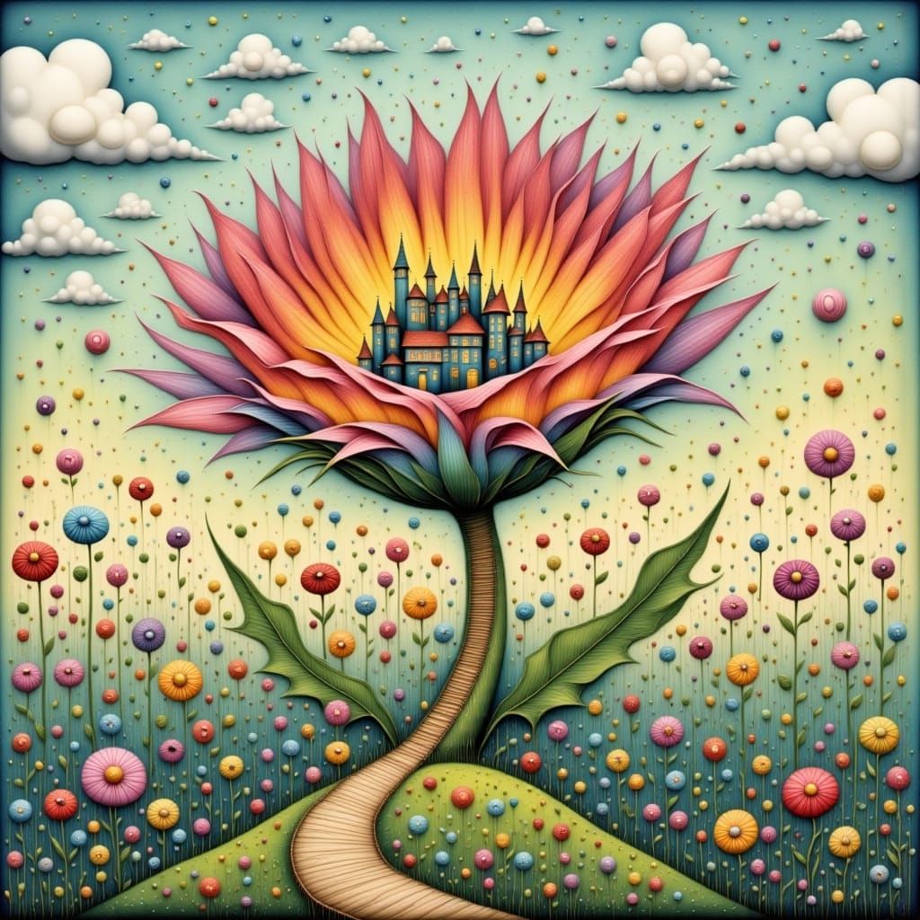 Flower Petal Village in Art Nouveau Style