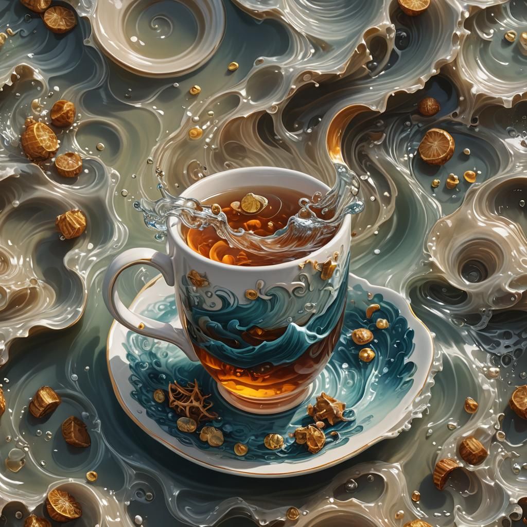 Waves in Teacup: Hyperrealistic Digital Painting