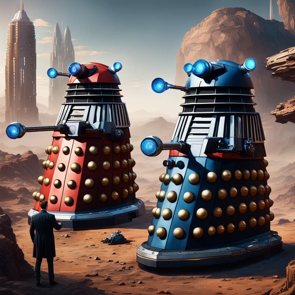 Dalek and Elon Musk Plotting, Detailed Digital Art
