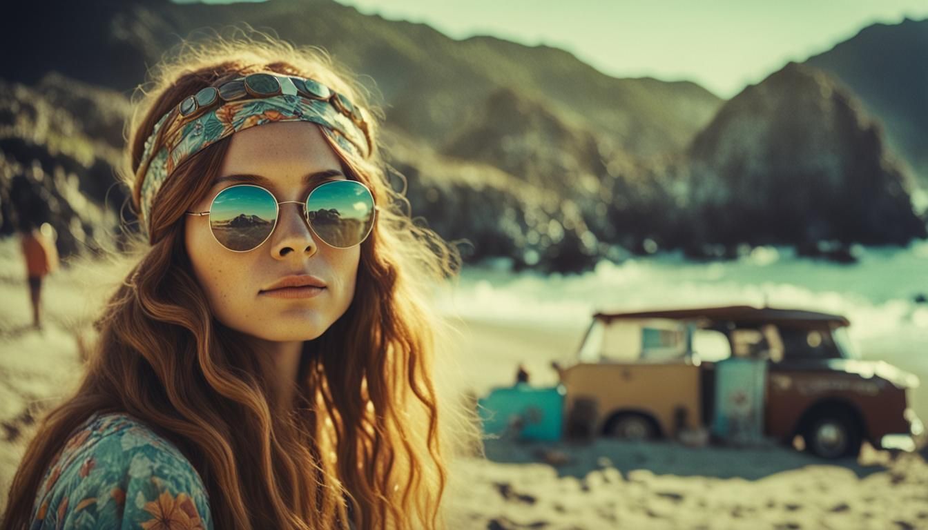 1960s Hippie Woman on California Beach