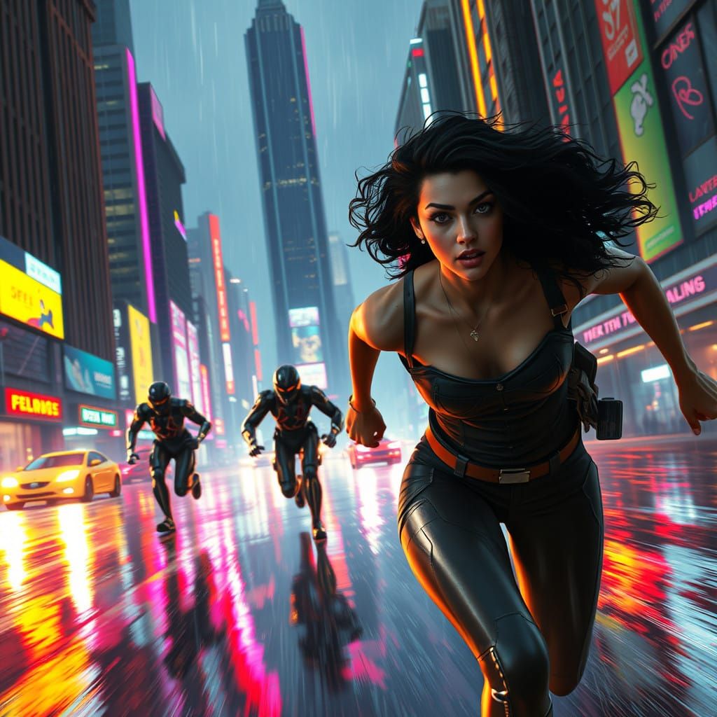 Young Woman Chased by Androids in Futuristic Cyberpunk City