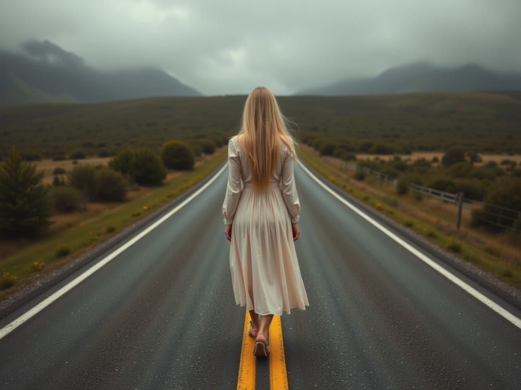 Ethereal Woman Divides Realms on Serene Overcast Road