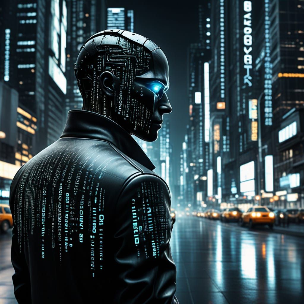 Cyberpunk Cityscape with Intelligent Cyborg in the Shadows