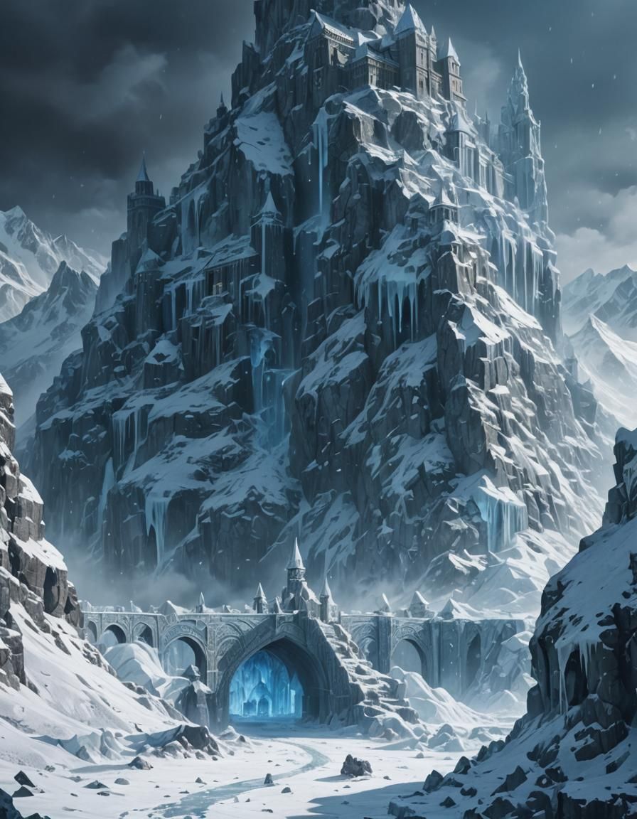 Majestic Ice Fortress Emerges from Misty Mountains