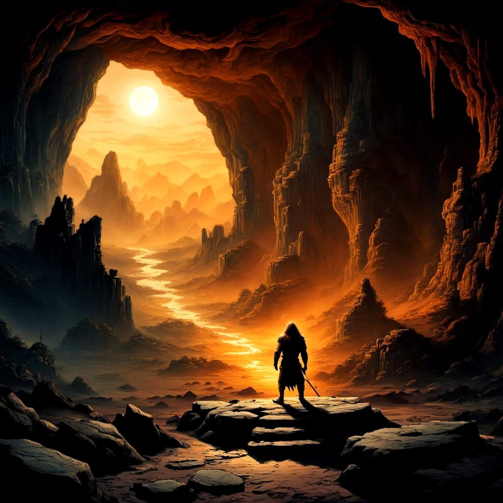 Neanderthal Warrior at Cave Entrance: Dark Fantasy