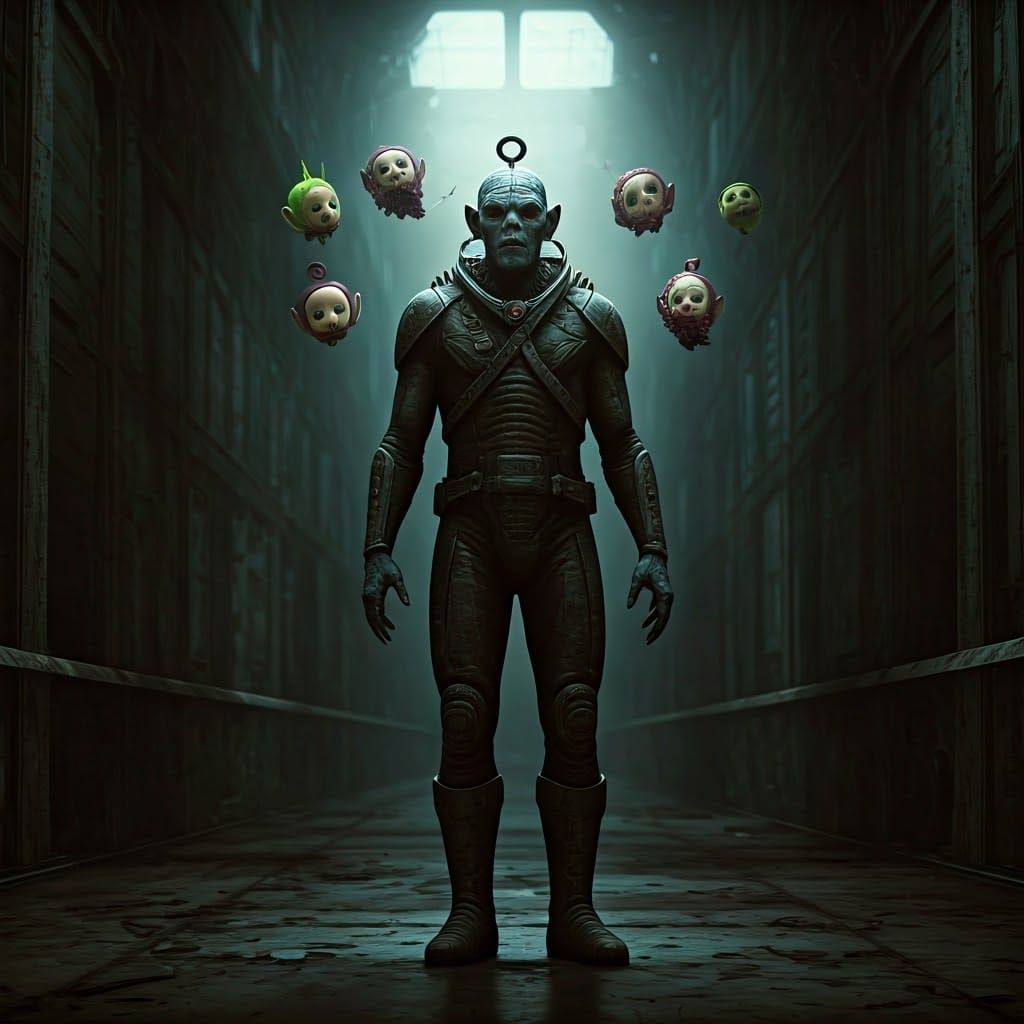 Surreal Teletubby Apocalypse in Dystopian Ruins