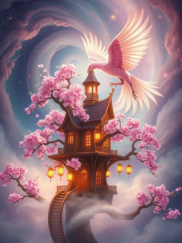 Cherry Blossom Treehouse Castle with Pink Phoenix
