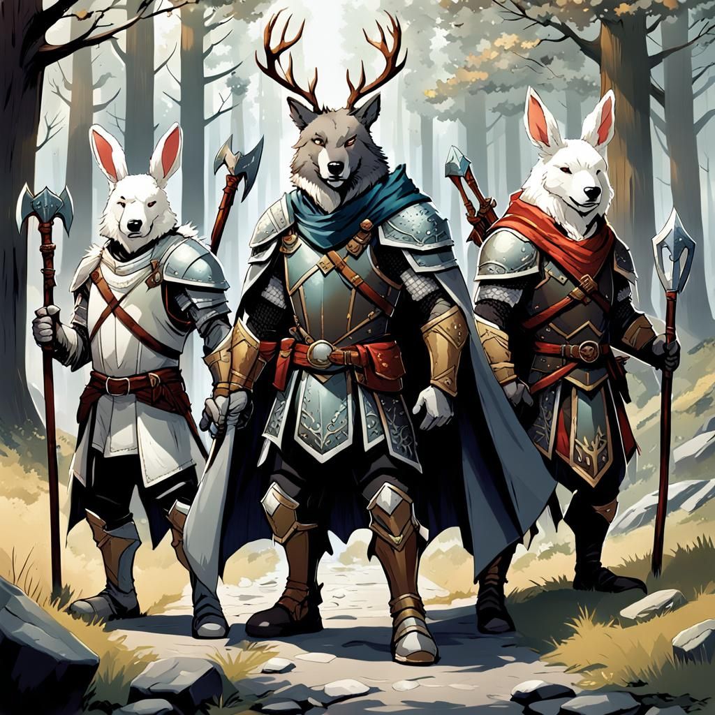 Fantasy Trio: Wolf Bard, Rabbit Paladin, Bear Warrior