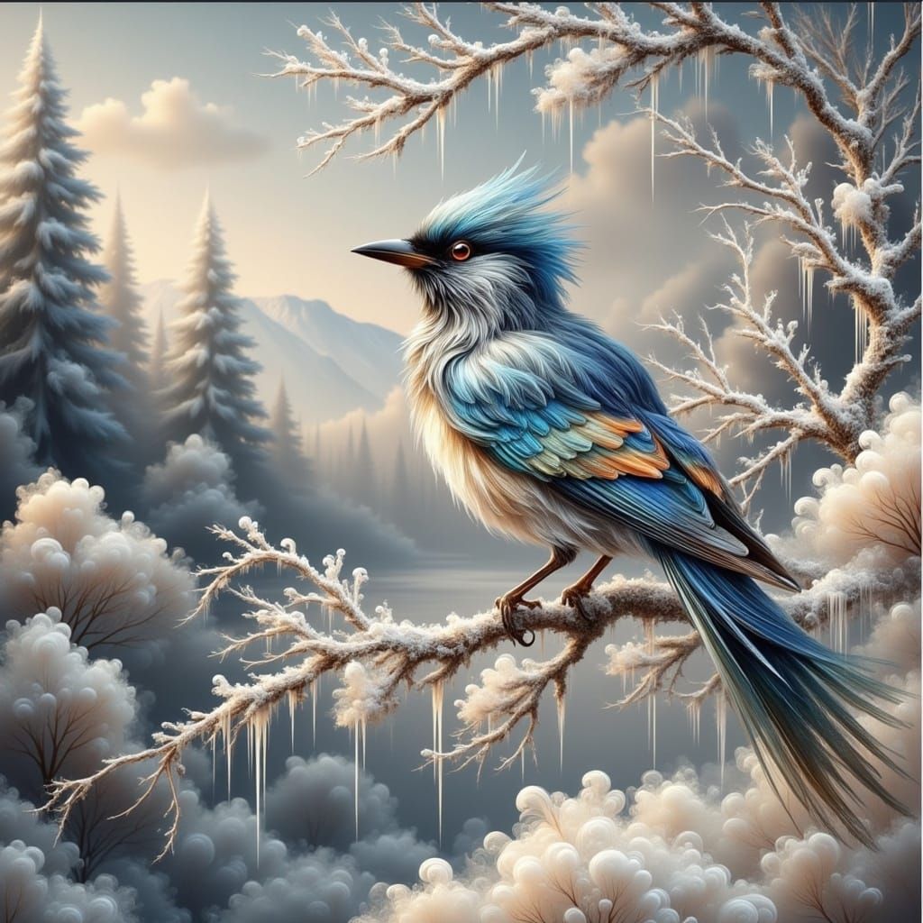 Blue Magpie in Winter Landscape as Oil Painting