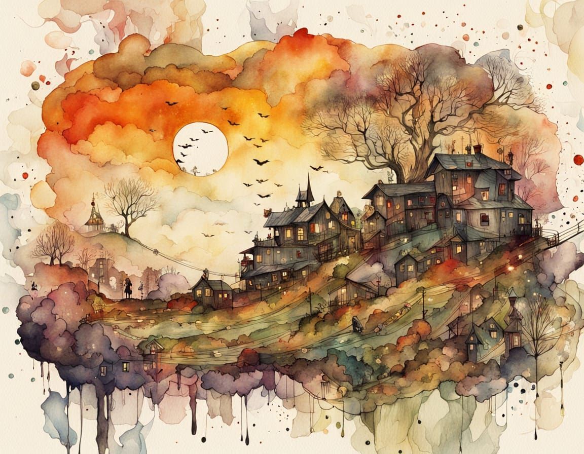 Sunset Landscape with Lady in Alcohol Ink Style