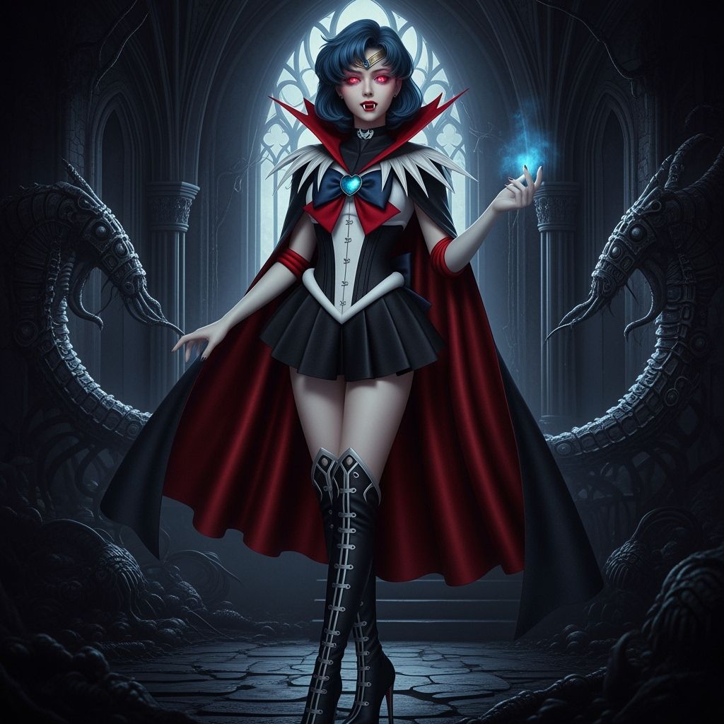 Vampire Sailor Mercury in Dark Cinematic Anime Style
