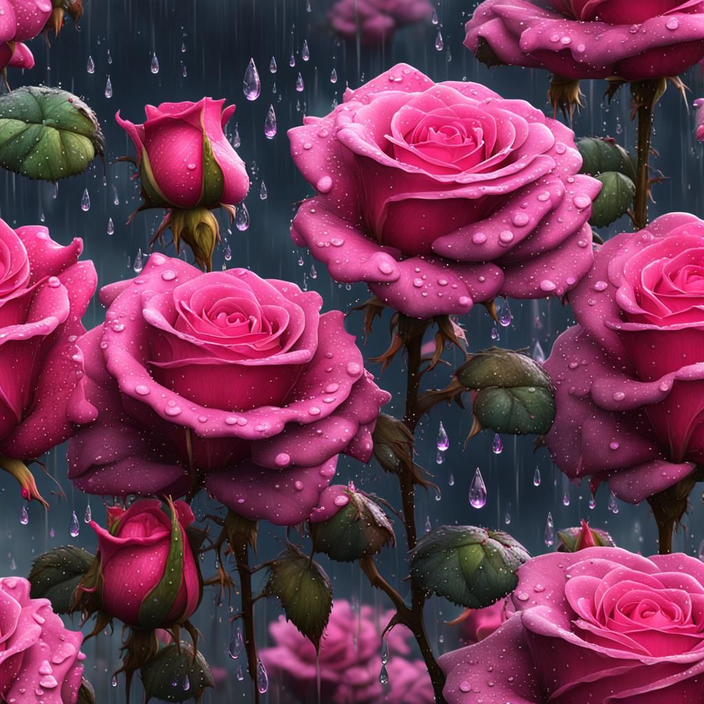 Raindrops on Pink Roses in Detailed Matte Painting