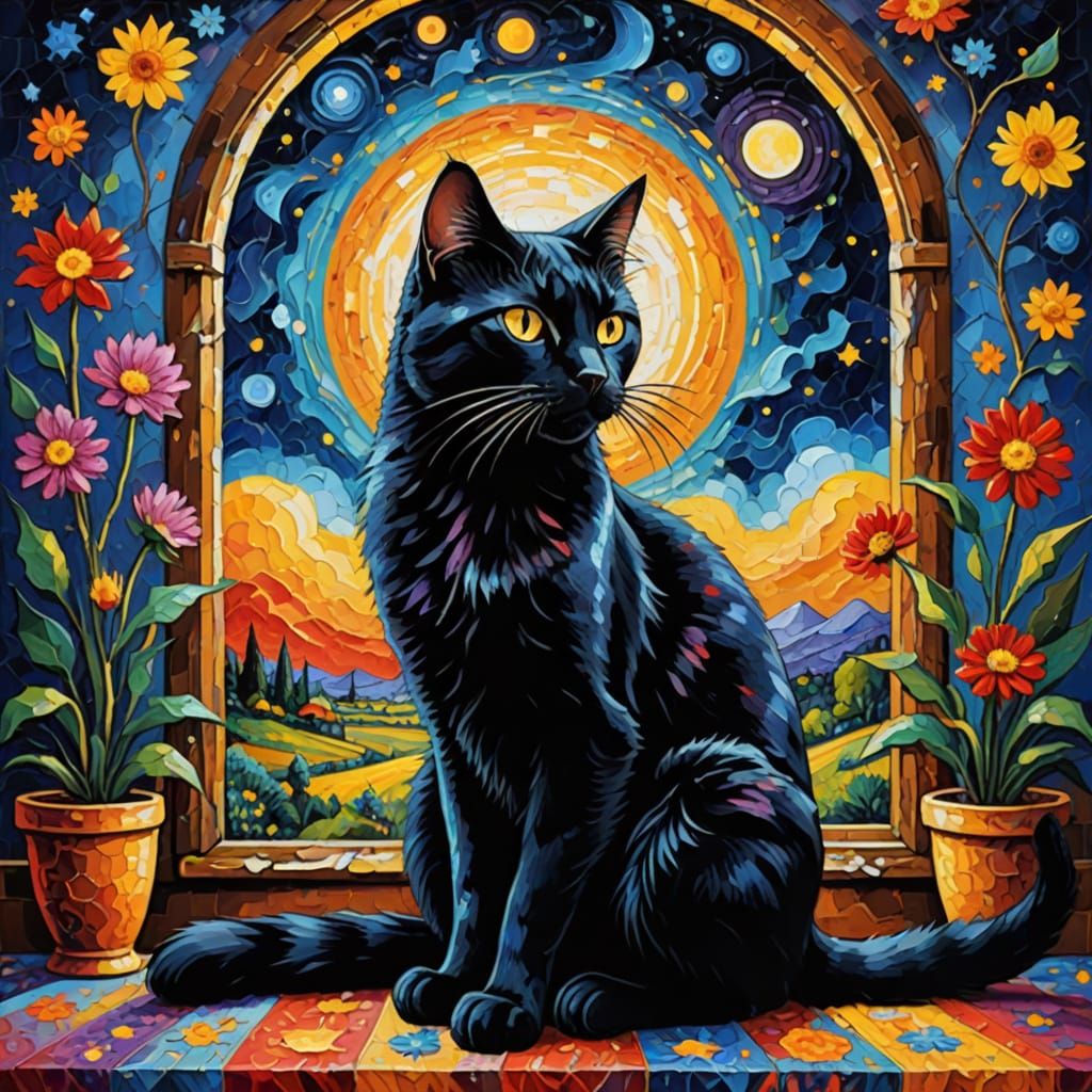 Whimsical Cat Contemplates Celestial Wonders in Neo-Expressi...