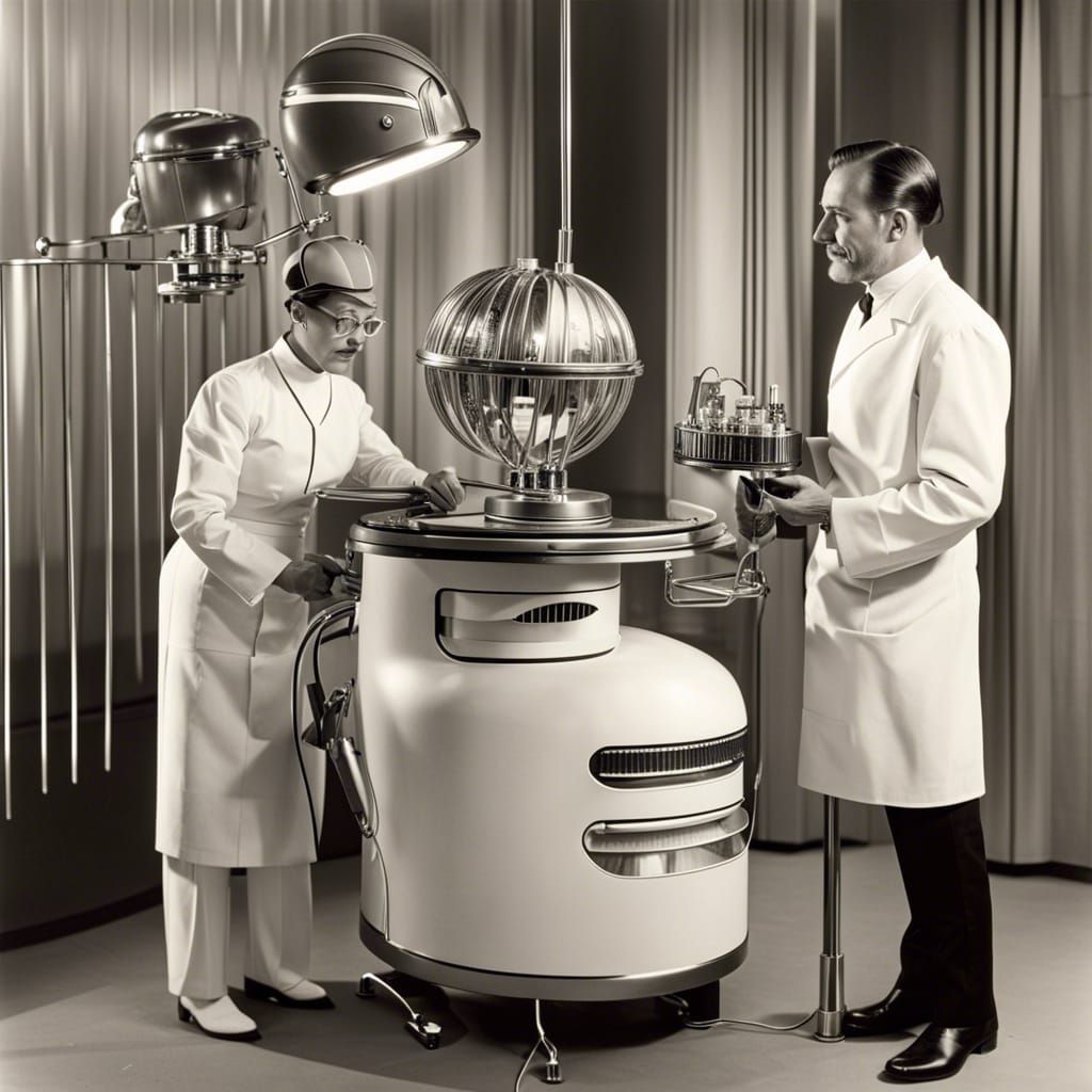 German Dentist Demonstrating Equipment in Atompunk Style