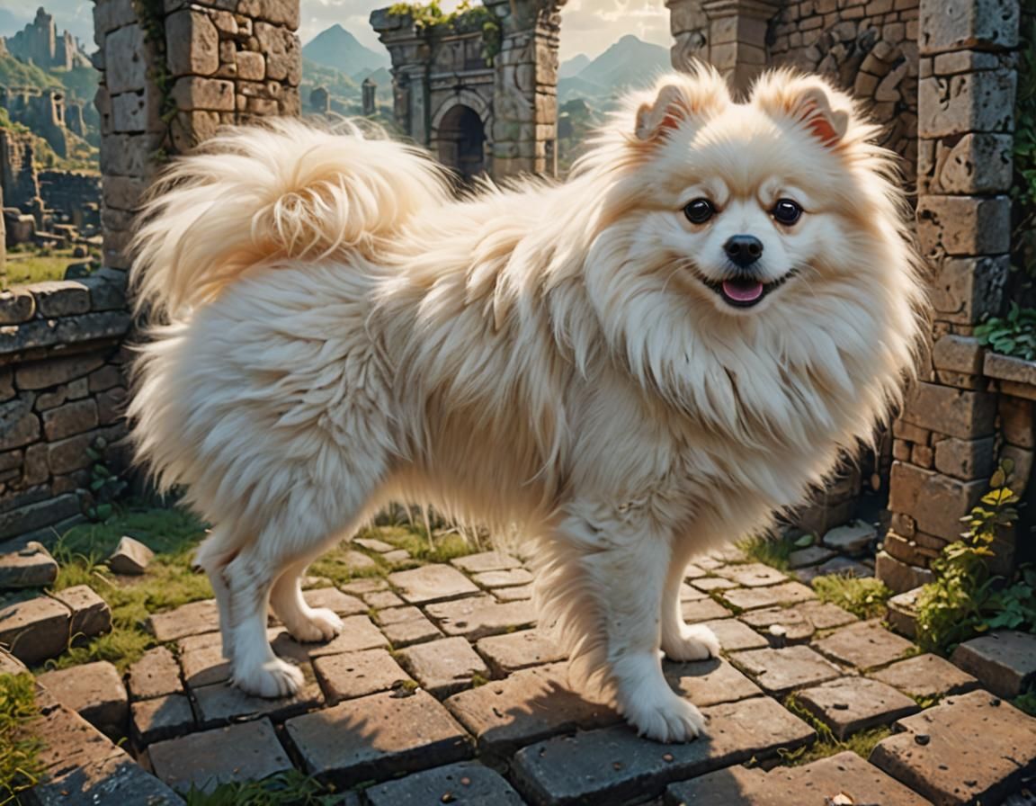 Pomeranian Mix Dog at Ruins: Detailed Matte Painting