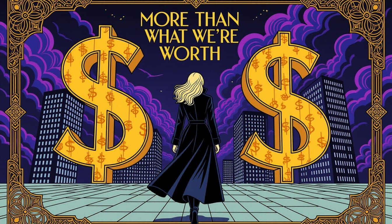 Woman Walks Away From Dollar Sign Skyscrapers